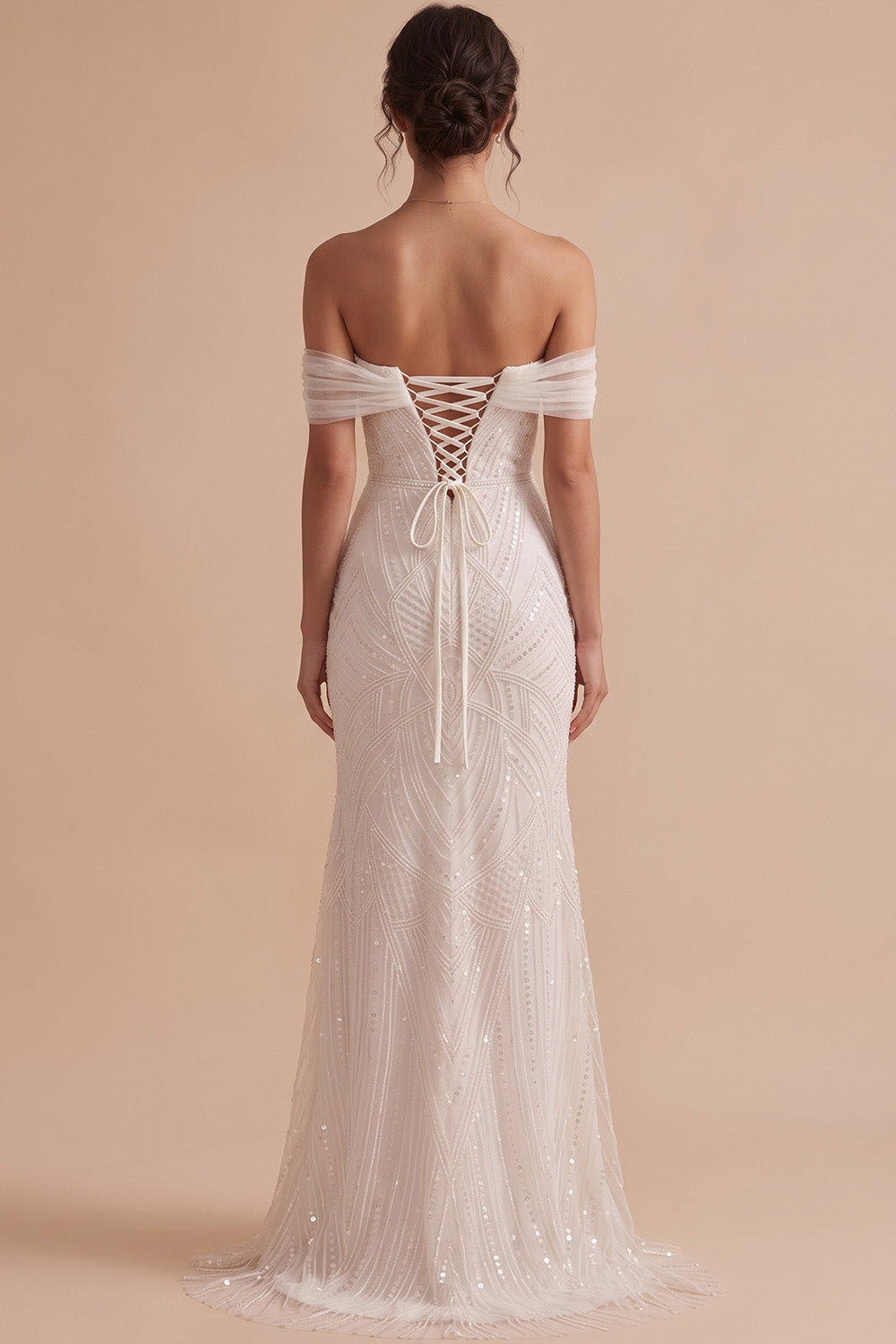 Sparkly White Mermaid Off the Shoulder Sequin Sweep Train Wedding Dress
