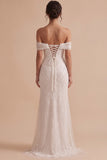 Sparkly White Mermaid Off the Shoulder Sequin Sweep Train Wedding Dress