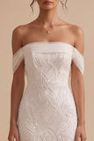 Sparkly White Mermaid Off the Shoulder Sequin Sweep Train Wedding Dress