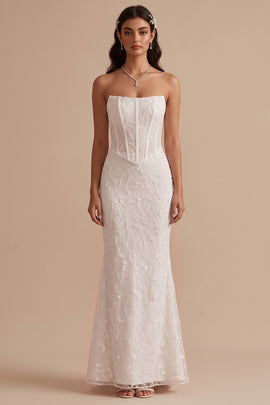 White Corset Mermaid Strapless Floor-Length Wedding Dress with Embroidery