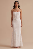 White Corset Mermaid Strapless Floor-Length Wedding Dress with Embroidery