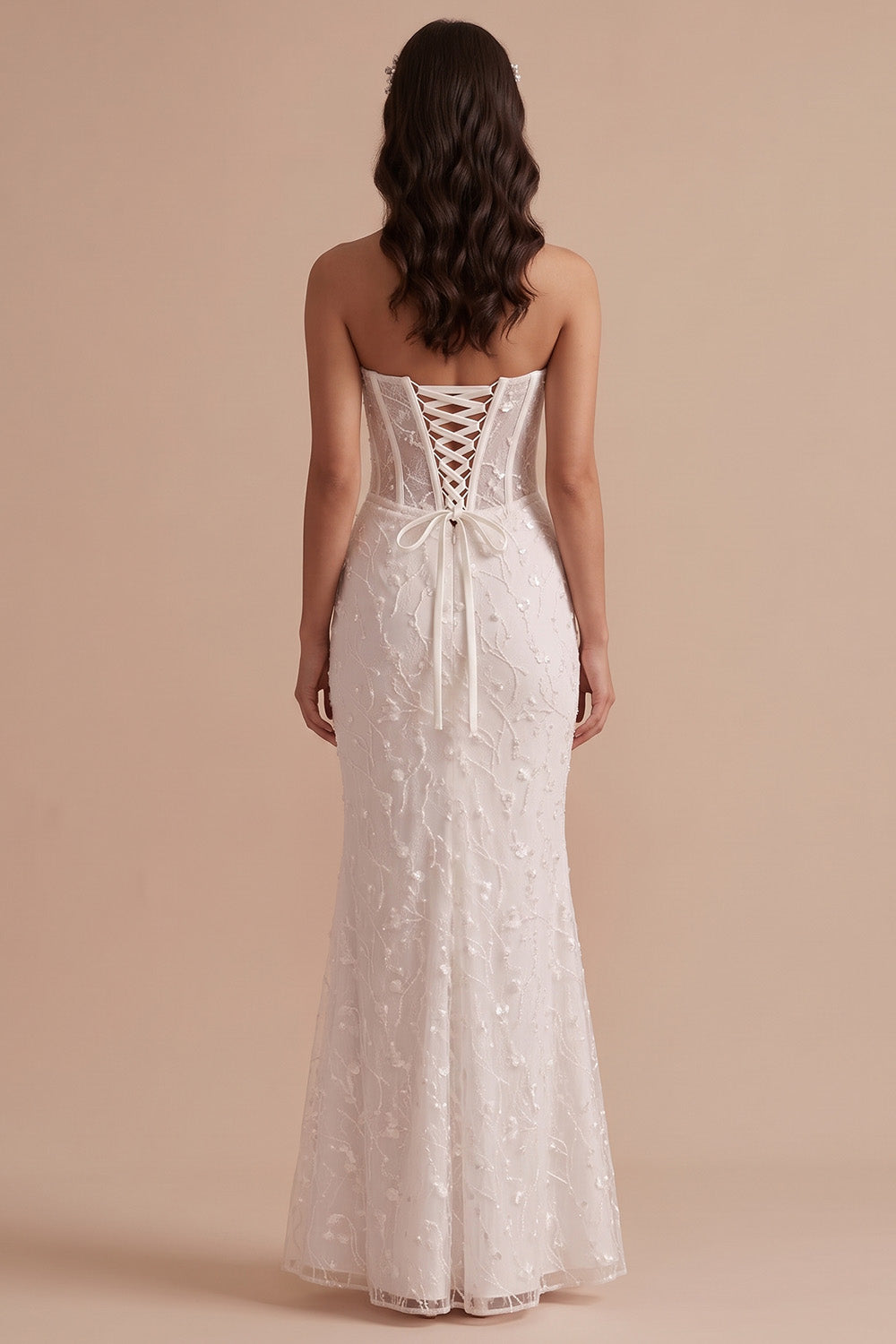 White Corset Mermaid Strapless Floor-Length Wedding Dress with Embroidery