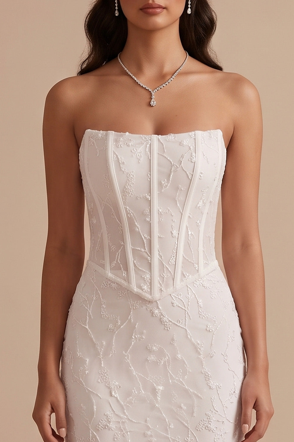 White Corset Mermaid Strapless Floor-Length Wedding Dress with Embroidery