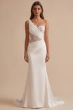 White Mermaid One Shoulder Beaded Ruched Sweep Train Wedding Dress