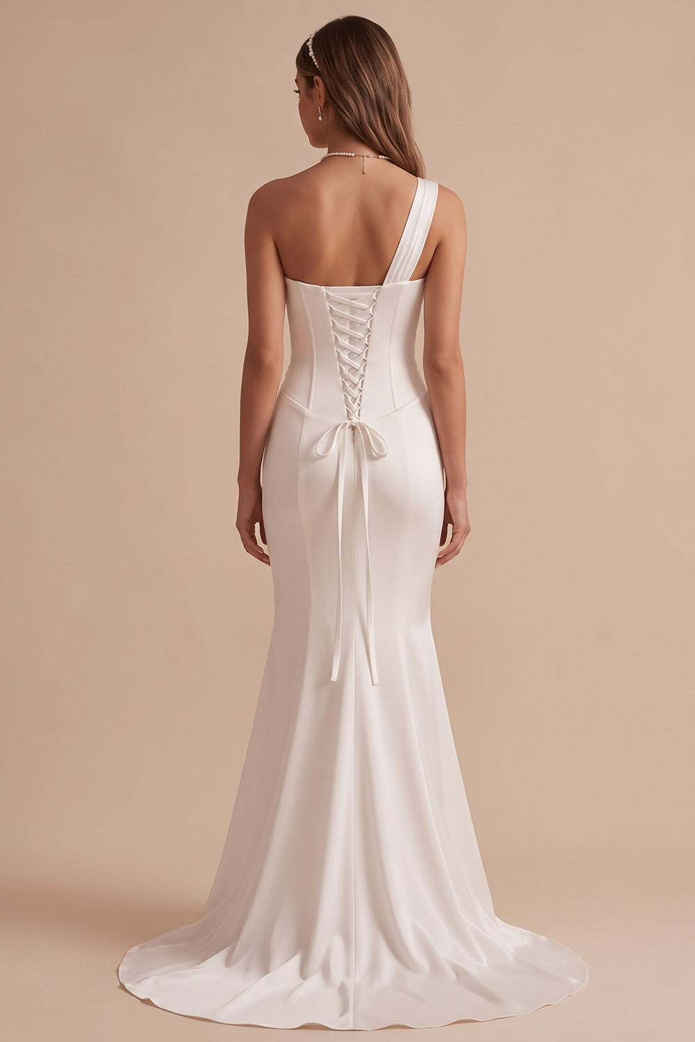 White Mermaid One Shoulder Beaded Ruched Sweep Train Wedding Dress