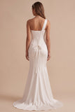 White Mermaid One Shoulder Beaded Ruched Sweep Train Wedding Dress
