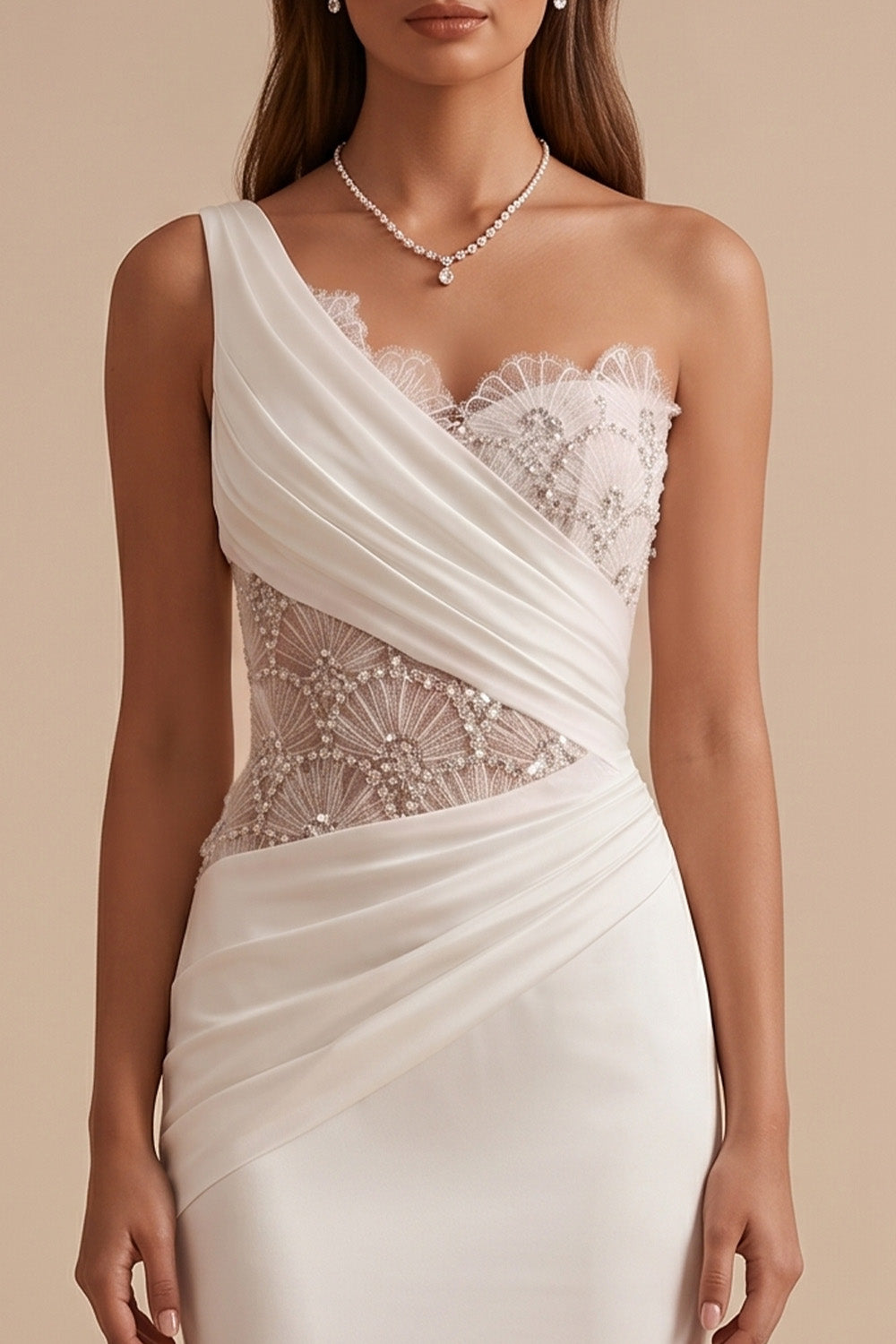 White Mermaid One Shoulder Beaded Ruched Sweep Train Wedding Dress