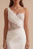 White Mermaid One Shoulder Beaded Ruched Sweep Train Wedding Dress
