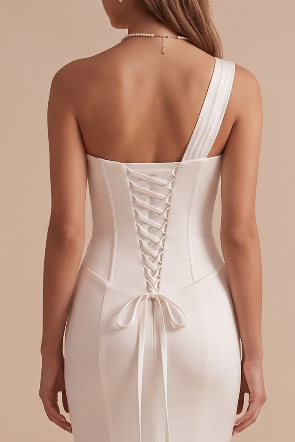 White Mermaid One Shoulder Beaded Ruched Sweep Train Wedding Dress