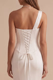 White Mermaid One Shoulder Beaded Ruched Sweep Train Wedding Dress