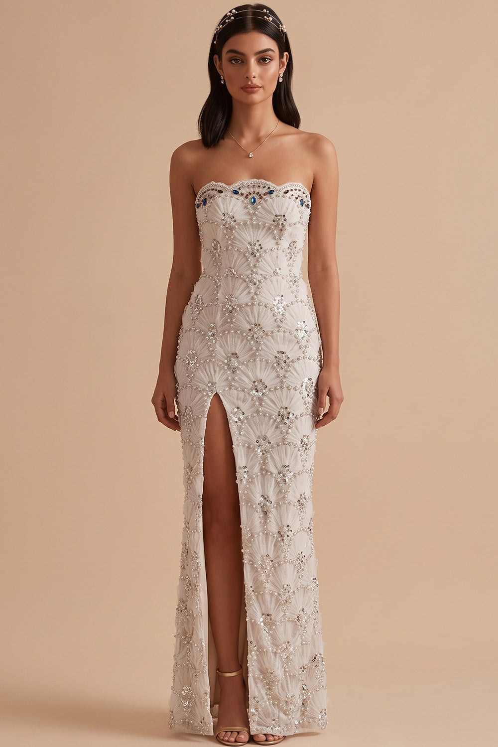 White Sheath Strapless Sequin Floor-Length Wedding Dress with Slit