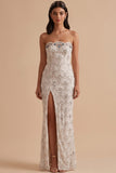 White Sheath Strapless Sequin Floor-Length Wedding Dress with Slit