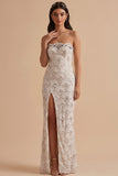 White Sheath Strapless Sequin Floor-Length Wedding Dress with Slit