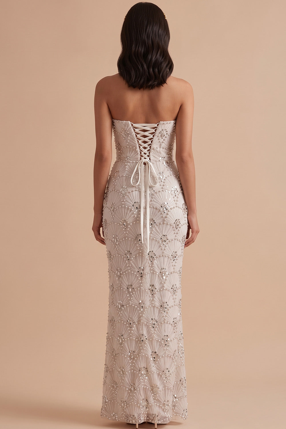 White Sheath Strapless Sequin Floor-Length Wedding Dress with Slit