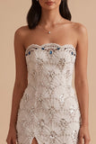White Sheath Strapless Sequin Floor-Length Wedding Dress with Slit