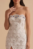 White Sheath Strapless Sequin Floor-Length Wedding Dress with Slit