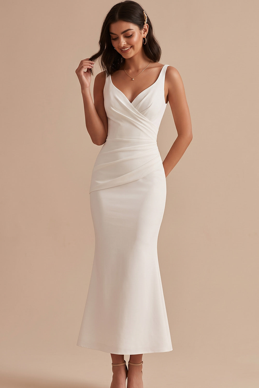 Simple White Satin Mermaid V-Neck Ruched Midi Wedding Dress