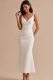 Simple White Satin Mermaid V-Neck Ruched Midi Wedding Dress