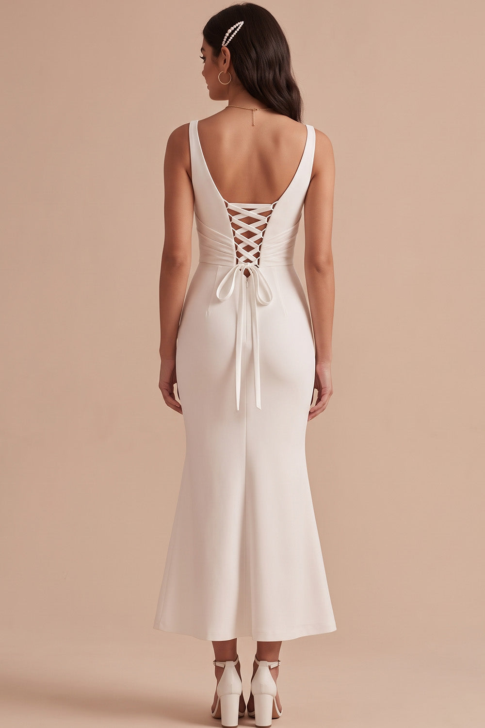 Simple White Satin Mermaid V-Neck Ruched Midi Wedding Dress