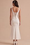 Simple White Satin Mermaid V-Neck Ruched Midi Wedding Dress
