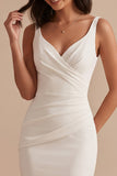 Simple White Satin Mermaid V-Neck Ruched Midi Wedding Dress
