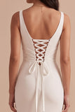 Simple White Satin Mermaid V-Neck Ruched Midi Wedding Dress