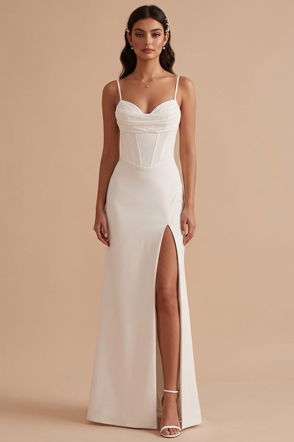White Satin Corset Sheath Ruched Floor-Length Wedding Dress with Slit