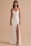 White Satin Corset Sheath Ruched Floor-Length Wedding Dress with Slit