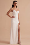 White Satin Corset Sheath Ruched Floor-Length Wedding Dress with Slit