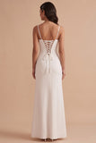 White Satin Corset Sheath Ruched Floor-Length Wedding Dress with Slit