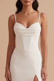 White Satin Corset Sheath Ruched Floor-Length Wedding Dress with Slit