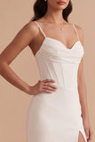 White Satin Corset Sheath Ruched Floor-Length Wedding Dress with Slit
