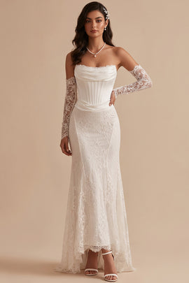 White Corset Lace Mermaid Strapless Ruched High-Low Wedding Dress