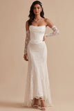 White Corset Lace Mermaid Strapless Ruched High-Low Wedding Dress