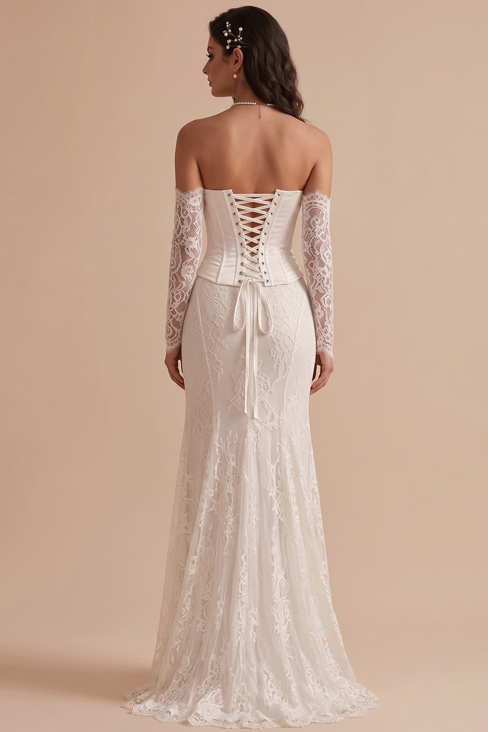 White Corset Lace Mermaid Strapless Ruched High-Low Wedding Dress