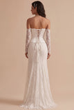 White Corset Lace Mermaid Strapless Ruched High-Low Wedding Dress