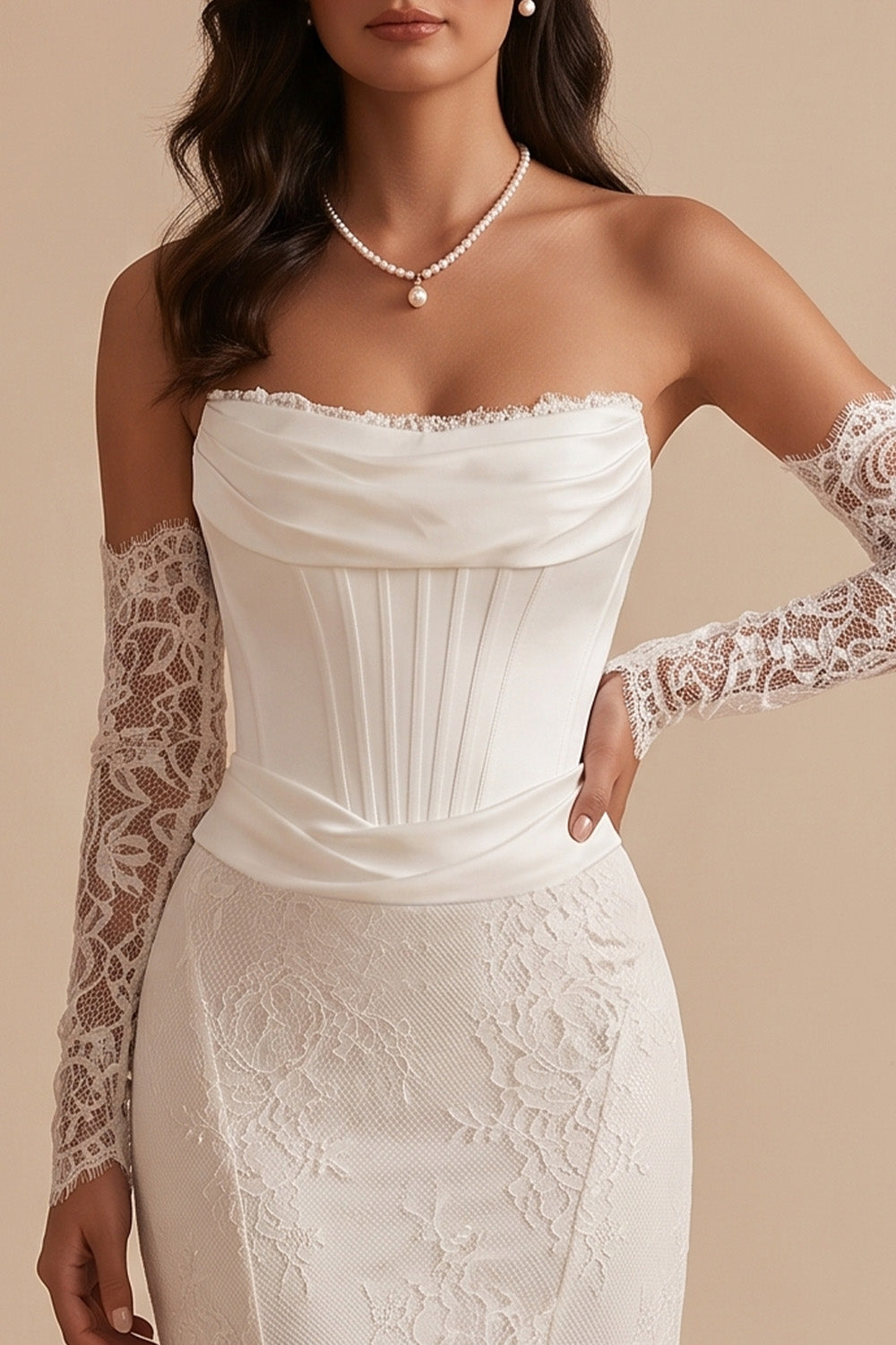 White Corset Lace Mermaid Strapless Ruched High-Low Wedding Dress