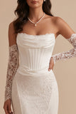 White Corset Lace Mermaid Strapless Ruched High-Low Wedding Dress