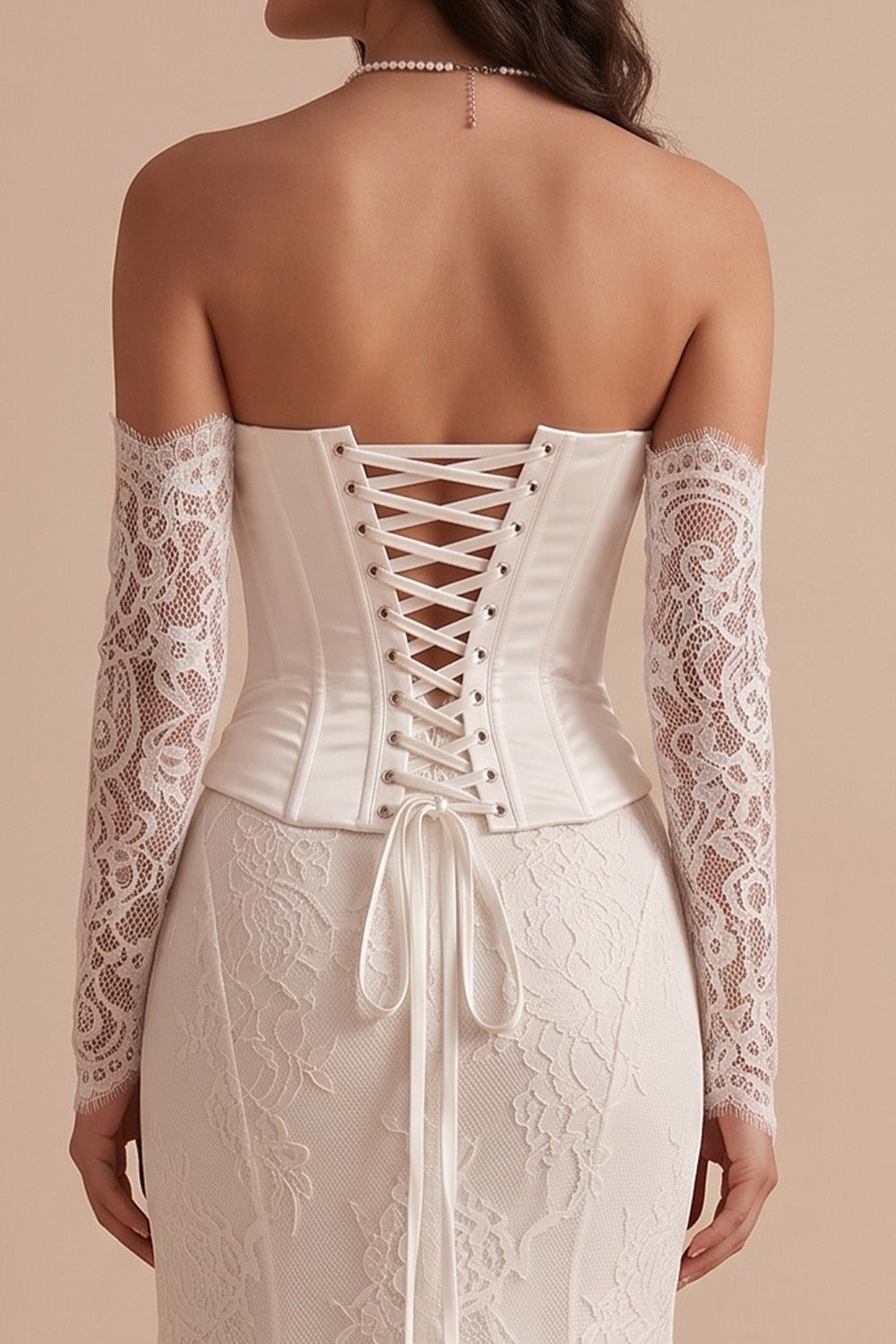 White Corset Lace Mermaid Strapless Ruched High-Low Wedding Dress