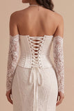 White Corset Lace Mermaid Strapless Ruched High-Low Wedding Dress