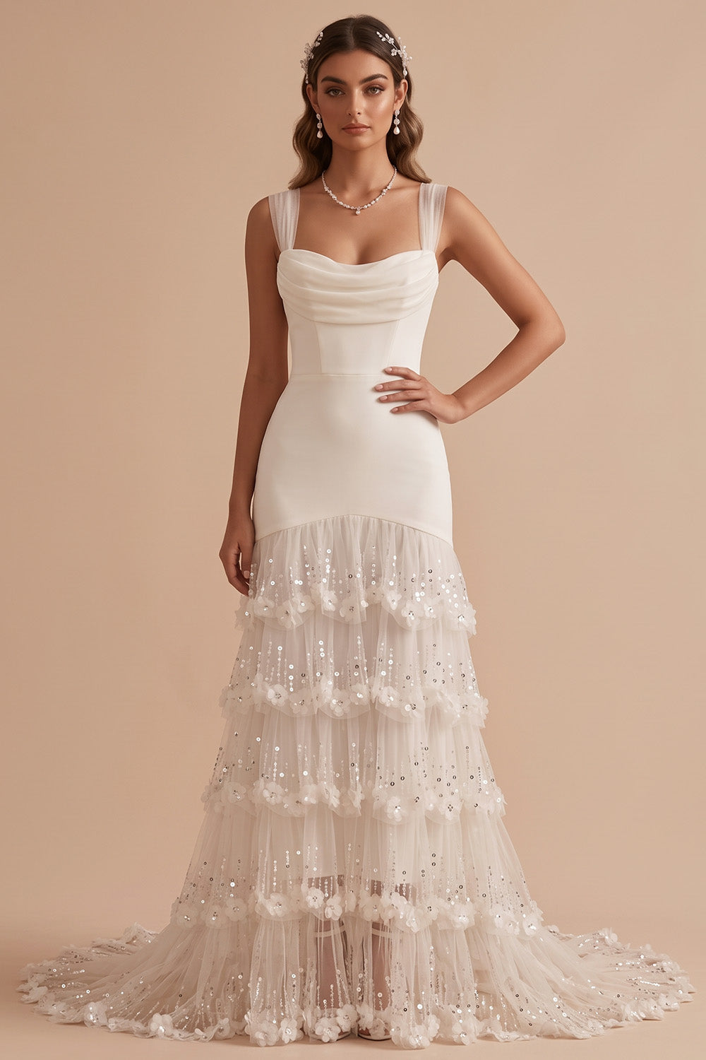 White Mermaid Sequin Tiered Sweep Train Wedding Dress with 3D Flowers