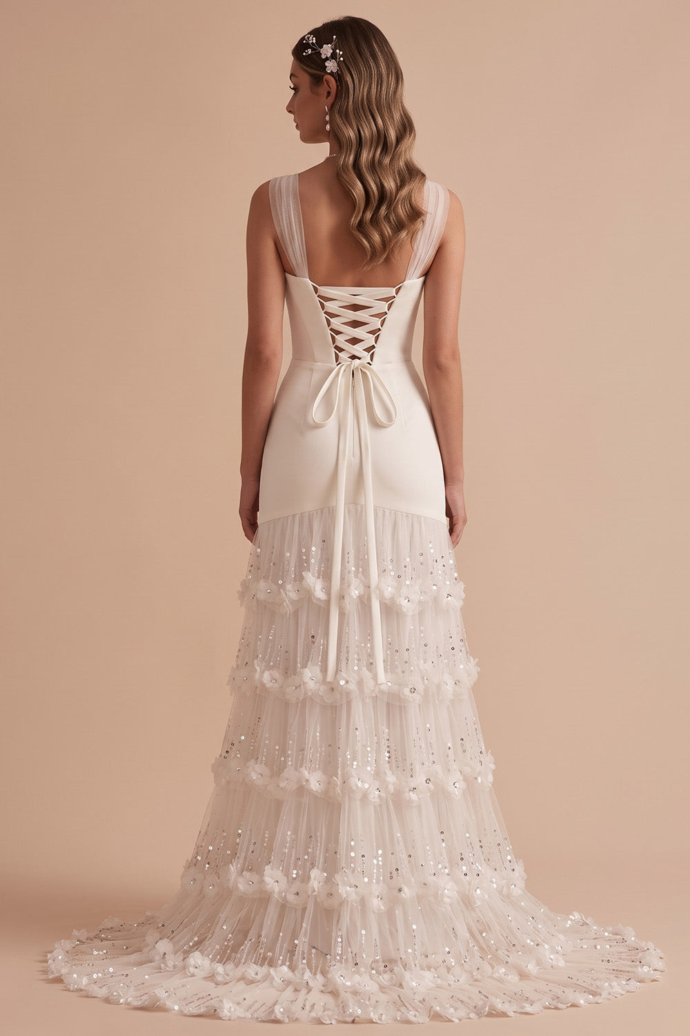 White Mermaid Sequin Tiered Sweep Train Wedding Dress with 3D Flowers