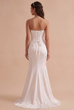 White Corset Satin Sweetheart Sweep Train Wedding Dress with 3D Flower