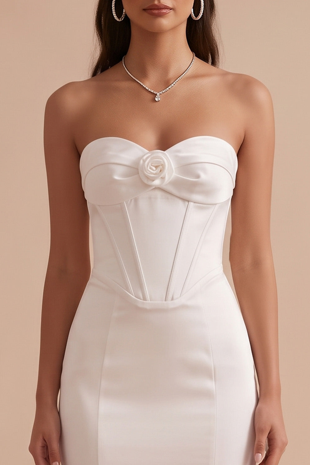 White Corset Satin Sweetheart Sweep Train Wedding Dress with 3D Flower