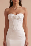 White Corset Satin Sweetheart Sweep Train Wedding Dress with 3D Flower