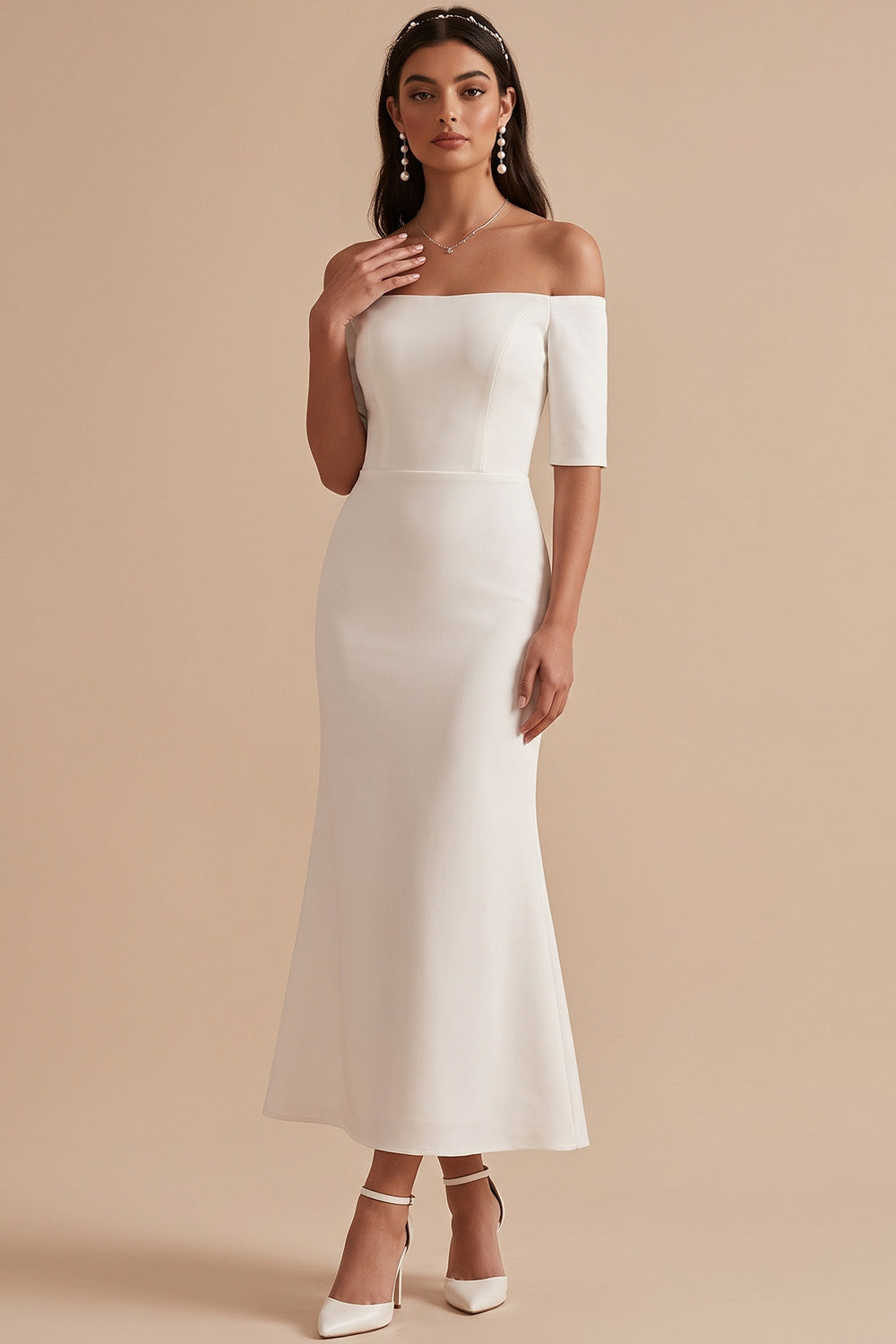White Mermaid Off the Shoulder Half Sleeves Midi Wedding Dress