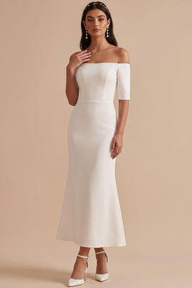 White Mermaid Off the Shoulder Half Sleeves Midi Wedding Dress