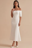 White Mermaid Off the Shoulder Half Sleeves Midi Wedding Dress