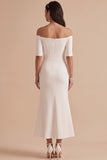 White Mermaid Off the Shoulder Half Sleeves Midi Wedding Dress