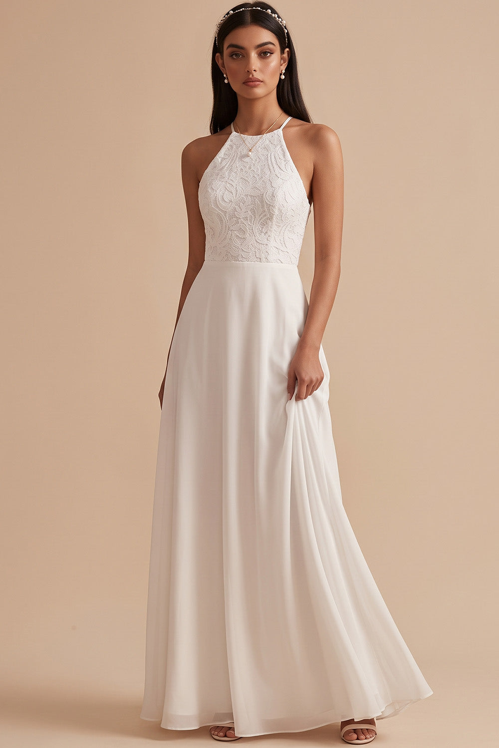 White A-Line Halter Chiffon Keyhole Back Floor-Length Beach Wedding Dress